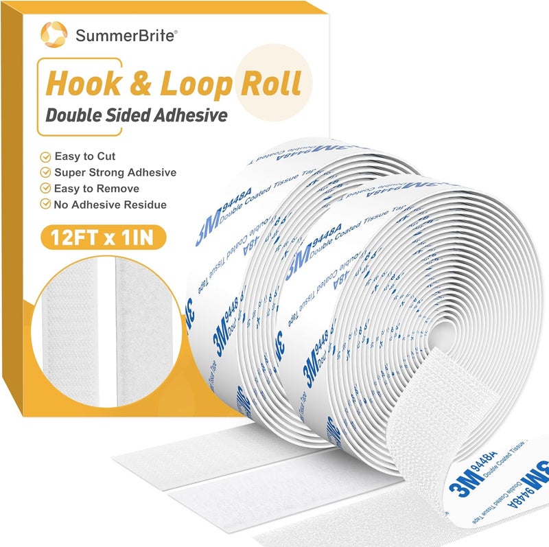 Summerbrite 12Ft x 1 Inch Hook and Loop Tape, Heavy Duty Double-Sided Adhesive Strips, Strong Sticky Back Fastener, Cuttable Interlocking Tape Fasteners for Home, Office, Car, School & DIY Crafts (White) - Image 1